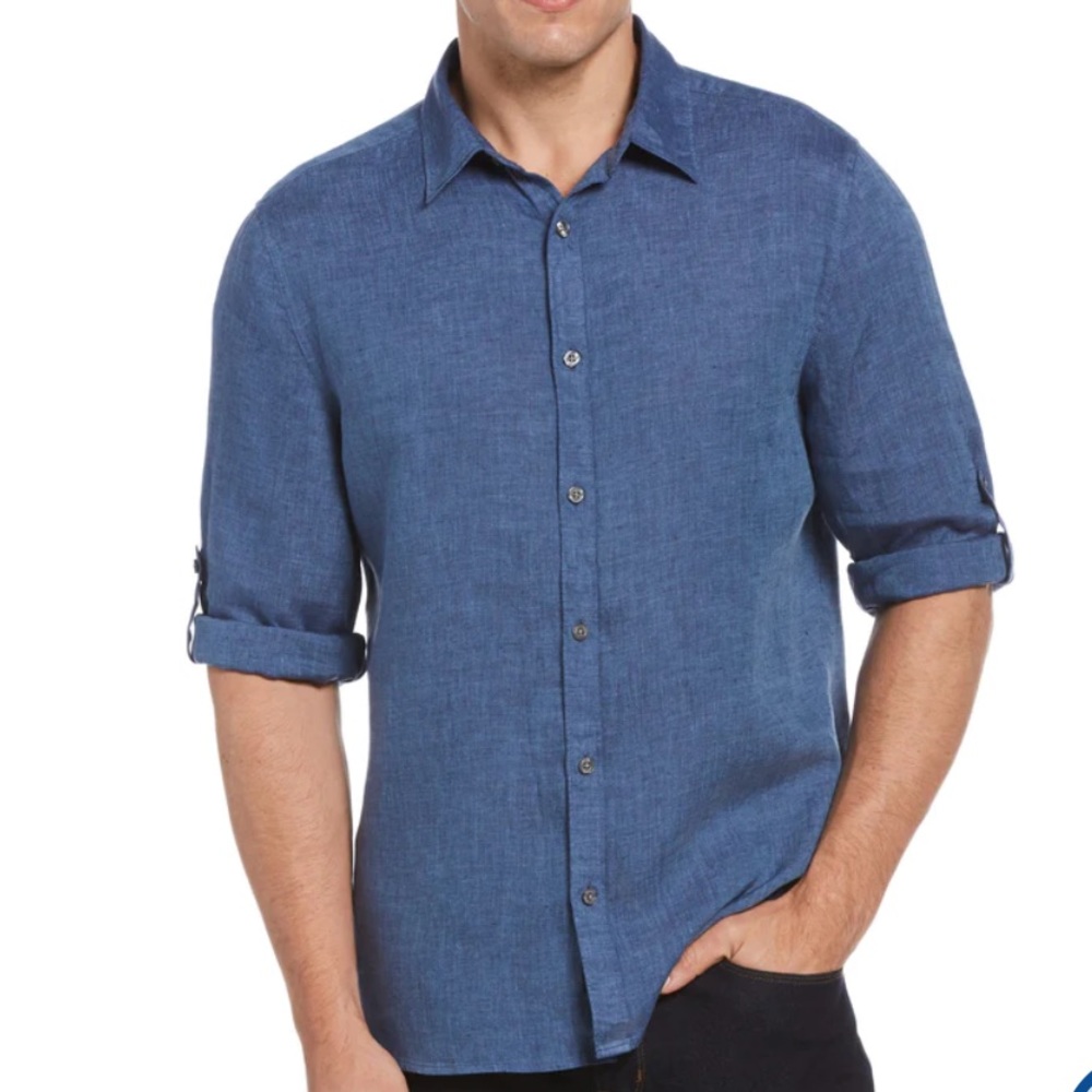 Perry Ellis Untucked Roll Sleeve Linen Shirt Size Medium
